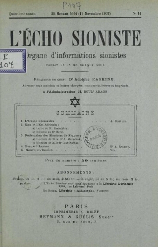 L'Echo Sioniste. Vol. 4 n° 11 (15 novembre 1903)